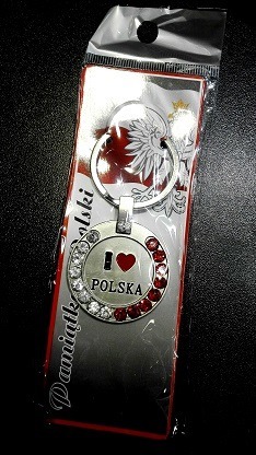 Metal key ring with cubic zirconia i love poland