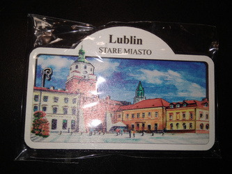 Magnes drewniany 3D Stare Miasto biała ramka błękitne tło