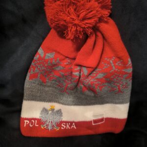 Czapka Zimowa Paski Z Pomponem Czerwono-Szaro-Biaa