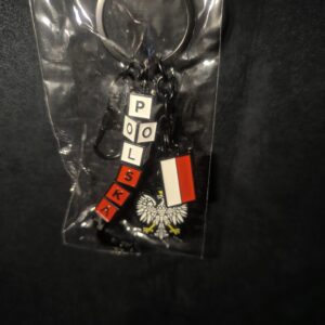 Brelok kostki biało-czerwony Polska karabińczyk przypinki